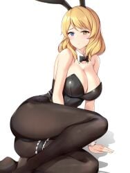 1girls absurdres animal_ears ass bare_shoulders black_bow black_bowtie black_leotard black_pantyhose blonde_hair blue_eyes blush bow bowtie breasts bridal_garter cleavage closed_mouth detached_collar fake_animal_ears heterochromia highres large_breasts leotard looking_at_viewer medium_hair no_shoes pantyhose playboy_bunny rabbit_ears renown_(warship_girls_r) simple_background sitting solo strapless strapless_leotard thigh_strap warship_girls_r white_background wrist_cuffs yellow_eyes ysakichen2