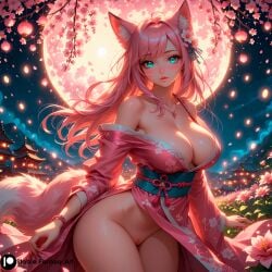 ai_generated animal_ears artist_name bare_shoulders blush breasts character_name_melissa_(stblfantasy) cherry_blossoms cleavage curvy dress feet female fox_ears fox_girl fox_tail furry hair_between_eyes hair_ornament highres innocent japanese_clothes kimono kitsune large_breasts legs_together long_hair long_sleeves looking_at_viewer looking_shy melissa_(stblfantasy) original pink_hair pussy seated sexually_suggestive smile solo stable_diffusion stblfantasy tail thick_thighs thighs turquoise_eyes young_female