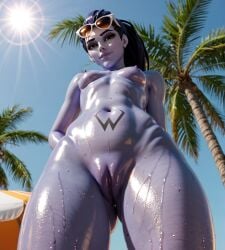 ai_generated low-angle_view oiled oiled_body oiled_skin overwatch pussy sunglasses_on_head thighs widowmaker