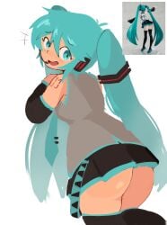 1girls abstractpurple ass ass_focus blush blushing breasts cleavage clothed clothing female female_focus female_only hatsune_miku leggings legs legwear light-skinned_female light_skin stockings upskirt vocaloid