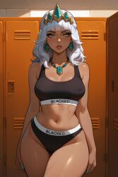 1girls ai_generated belly blacked blacked_clothing bra breasts breasts_visible_through_clothing dark-skinned_female dark_skin earrings eye_contact female female female_focus female_only hands_on_hips indoors jewelry league_of_legends league_of_legends:_wild_rift locker_room lockers long_hair looking_at_viewer medium_breasts navel necklace nipples nipples_visible_through_clothing panties puffy_nipples qiyana_yunalai riot_games shomiai solo solo_female solo_focus standing text text_on_bra text_on_clothing text_on_panties thick_thighs tiara tight_bra tight_clothing underwear white_hair wide_hips yellow_eyes