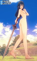 1girls 3d armpits ass bare_arms bare_legs bare_midriff barefoot big_ass blue_eyes blue_hair brand_of_the_exalt cloud completely_nude falchion_(fire_emblem) fefreak726 female female_only fight fire_emblem fire_emblem_awakening from_below full_body hair_between_eyes hand_on_own_chest holding holding_weapon legs long_hair looking_back lucina_(fire_emblem) midriff nintendo nipples nude nude_female open_mouth outdoors sky solo sparring standing sword symbol-shaped_pupils tiara training weapon