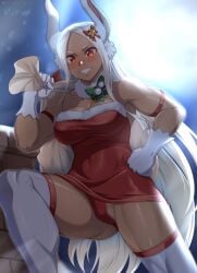 1girls artist_name boku_no_hero_academia christmas christmas_outfit dark-skinned_female dark_skin female female_only gloves hocen looking_at_viewer miruko moon muscular muscular_female my_hero_academia night panties pantyshot rabbit rabbit_ears rabbit_girl rabbit_humanoid red_eyes rooftop rumi_usagiyama snow solo solo_female stockings thick_thighs thighhighs very_long_hair watermark white_hair