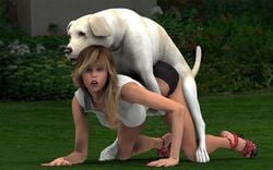 1animal 1girls 3d ambiguous_penetration blonde_hair brodymax canine doggy_style domestic_dog female feral feral_on_female human interspecies on_ground open_mouth outdoors sex straight zoophilia