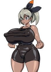 1girls bea bea_(pokemon) big_breasts color colored dark-skinned_female dark_skin female female_only huge_breasts nikunigushii nipple_bulge nipple_outline nipples one_piece_swimsuit pokemon pokemon_ss saitou_(pokemon) simple_background skinsuit solo solo_female swimsuit thick_thighs