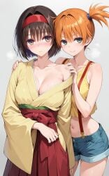 2girls ai_generated asymmetrical_hair bangs bare_shoulders black_hair blue_shorts blush breasts breath brown_eyes brown_hair clavicle cleavage closed_mouth clothing crop_top denim denim_shorts erika_(pokemon) female gen_1_pokemon green_eyes gym_leader hair_between_eyes hair_intakes hairband hakama hakama_skirt headwear kasumi_(pokemon) kasumi_(pokemon) kimono large_breasts long_sleeves looking_at_viewer medium_breasts midriff multiple_girls navel off_shoulder orange_hair pokemon pokemon_character pokemon_species ponytail protagonist_(pokemon) red_hairband red_hakama robe shirt short_hair short_shorts shorts side_ponytail skirt sleeveless sleeveless_shirt smile standing stomach suspenders sweat tank_top thighs tied_hair traditional_clothes wafuku wide_sleeves yellow_kimono yellow_shirt yellow_tank_top yuri