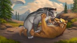 16:9 2021 20th_century_fox 20th_century_studios balls blue_sky_studios canon_couple day detailed_background diego_(ice_age) duo eye_contact felid feline female feral fur genitals grey_body grey_fur ice_age_(film) ice_age_(series) ice_age_collision_course intraspecies looking_at_another lying male male/female mammal mountain nature on_back outside pawpads plant prehistoric_species quadruped reallynxgirl romantic romantic_couple saber-toothed_tiger shira_(ice_age) short_tail smile tail tan_body tan_fur tree widescreen