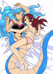 bed blue_hair female female_only human interspecies lingerie long_hair loose_bra monster_girl monstergirl naga original_character pointy_ears redhead undone_bra unknown_artist untied_bra yellow_eyes yuri