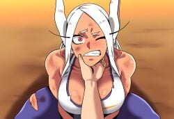 1boy 1boy1girl 1girls 2024 2d 2d_(artwork) abs ai_generated angry big_breasts chin_grab dark-skinned_female dark_skin defeated defeated_heroine female female_focus imminent_rape imminent_sex large_breasts looking_at_viewer mirko miruko mullon my_hero_academia novelai on_ground rabbit_ears rabbit_girl rabbit_tail rumi_usagiyama scars submissive submissive_female superheroine