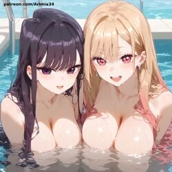 2girls ai_generated arimia34 big_breasts kitagawa_marin komi-san_wa_komyushou_desu komi_shouko my_dress_up_darling nude pink_eyes pool purple_eyes sono_bisque_doll_wa_koi_wo_suru