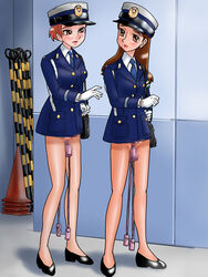 2girls bottomless brown_eyes brown_hair censored multiple_girls no_panties original police_officer policewoman union_of_the_snake vibrator