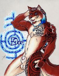 1boy anthro balls canine daelyhelaxon ear_piercing earring feathers fur furry male male_only markings moon muscles native_american necklace nude penis piercing pinup solo tail tattoo wolf