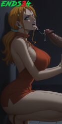 ai_generated big_breasts blowjob dress ends34 female female_focus nami one_eye_closed one_piece orange_hair prostitution red_dress slutty_clothing squatting