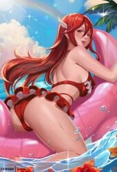 1girls :d afloat alternate_costume ass back bare_arms bare_back bare_legs barefoot bent_over bikini bikini_skirt blush breasts cloud cordelia_(fire_emblem) cordelia_(summer)_(fire_emblem) day exlic female female_only fire_emblem fire_emblem_awakening fire_emblem_heroes floating_object flower from_behind hair_between_eyes highres inflatable_raft inflatable_toy large_ass legs long_hair looking_at_viewer looking_back medium_breasts nintendo ocean official_alternate_costume open_mouth orange_eyes orange_flower outdoors palm_tree partially_visible_vulva rainbow red_bikini red_hair red_swimsuit sky smile solo straddling sunlight swimsuit thick_thighs tree very_long_hair water wet wing_hair_ornament