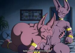 anthro balls barefoot beerus boner champa dialogue domestic_cat dragon_ball dragon_ball_super duo erection feet felid feline felis fellatio foot_ninja15 gay genitals hi_res incest incest_(lore) male male/male male_only mammal nude oral penile penis sex