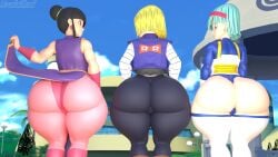 1robot_girl 3d 3milfs android android_18 ass ass_focus back_view big_ass big_butt blue_hair bulma_briefs bulma_briefs_(frieza_saga) chichi dragon_ball dragon_ball_z green_hair lazza_(artist) ponytail robot_humanoid short_hair skirt_lift thick_thighs thighhighs thighs unski113d