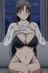 ai_generated black_bra black_hair black_panties bra breasts grey_eyes hiratsuka_shizuka huge_breasts large_breasts long_hair my_teen_romantic_comedy_snafu navel panties shirt_lift stomach tagme