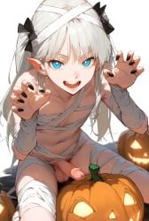 1boy ai_generated bandages black_nails claw_pose elf femboy gomes jack-o'-lantern light_blue_eyes looking_at_viewer male naked_bandage navel original otoko_no_ko penis pumpkin self_upload sitting solo testicles white_background white_hair