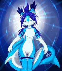 abstract_background black_nose blue_eyes blue_hair breasts female glowing hair hybrid lily long_hair looking_at_viewer markings midriff mn_xenx naiad navel nipples nude open_mouth pinup solo standing