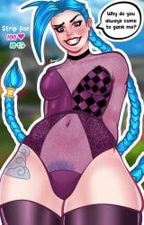 big_thighs blue_hair jinx_(league_of_legends) league_of_legends lingerie pink_eyes pink_nipples tiny_breasts