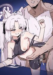 1boy ahoge animal_ears bar_censor bike_shorts black_shorts blue_archive blue_background breasts censored crop_top cum cum_in_pussy cum_overflow female fox_ears fox_girl fox_tail grin halo highres kuzunoha_(blue_archive) long_hair maaki12 multiple_tails nipples one_breast_out parted_bangs penis pink_hair pink_halo sex shorts small_breasts smile solo_focus straight tail testicles textless_version torso_grab two_tails vaginal_penetration