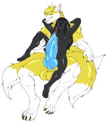 absurd_res akatosh alpha_channel anthro balls big_balls big_penis black_body black_fur black_hair blonde_hair blue_eyes blue_penis bodily_fluids canid canine claws duo erection fox fur genital_fluids genitals hair hi_res huge_balls huge_cock imminent_sex kaitoharo99 lagomorph leporid male male/male mammal muscular muscular_anthro muscular_male nipples nude penis perditio purple_eyes rabbit size_difference white_body white_fur yellow_body yellow_fur