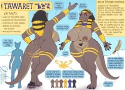 anthro areola ass big_breasts big_butt biped black_hair breasts brown_body crocodilian egyptian_mythology female female_only genitals hair hi_res hybrid jakethegoat nipples paws pubes pussy rear_view reference_guide reptile scalie showcase solo tail taweret text thick_thighs