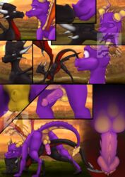 annoying_watermark blue_eyes comic cynder cynder-the-dragon dragon feral grass head_down_ass_up horn kissing markings penis presenting purple_eyes pussy scalie spyro spyro_the_dragon straight wings