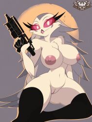 2024 anthro areola beak biped blaster breasts clothing digital_media_(artwork) eyebrows eyelashes female fingers genitals helluva_boss hi_res holding_object holding_weapon knightmoonlight98 legwear looking_at_viewer mostly_nude nipples owl_demon pussy solo star_wars stella_(helluva_boss) weapon