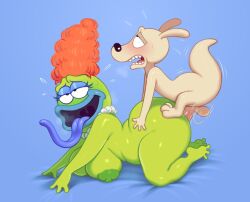 1boy 1girls age_difference anthro anthro_only bbw beverly_bighead bigger_female blue_tongue cougar female fucked_silly green_skin large_tongue male naked nickelodeon pleasure_face rocko rocko's_modern_life rocko_rama sex size_difference small_dom_big_sub straight tongue tongue_out wallaby