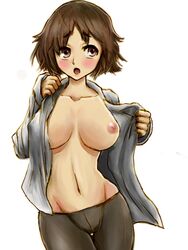 1girls artist_request blush breasts brown_eyes brown_hair female navel nipples open_clothes open_mouth open_shirt pantyhose pointy_chin short_hair solo source_request tachi undressing