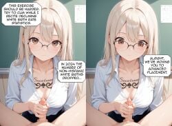 1boy 1girls ai_generated blonde_hair braindeadbetaboi cuckold_pov cum english_text female femdom glasses handjob looking_at_viewer male pov queen_of_spades small_penis tattoo text