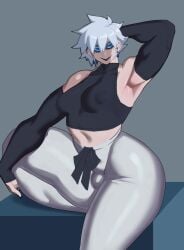 1boy axred7 breasts clothing femboy fully_clothed human inverted_nipples jujutsu_kaisen looking_at_viewer male male_only nipple_piercing nipples_visible_through_clothing satoru_gojo sitting solo solo_male thick_thighs tight_clothing wide_hips