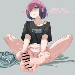 1boy absurdres aqua_eyes bar_censor barefoot black_shirt blush cameltoe censored chinese_text collarbone crop_top cum cum_on_body cum_on_feet cumdrip disembodied_penis ejaculation erection feet female foot_focus foot_pussy footjob foreshortening full_body gradient_hair grey_background hair_between_eyes heart highres knees_apart_feet_together legs looking_at_viewer mole mole_under_eye multicolored_hair navel no_pants open_mouth original out_of_frame panties penis pink_hair pink_panties purple_hair sandals shirt short_hair short_sleeves sidelocks simple_background sitting soles solo_focus tedv2227 toenails toes translation_request two-footed_footjob underwear unworn_sandals