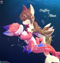 2boys absurd_res anthro blush bodily_fluids canid canine canis closed_eyes cuddling cum cum_in_water cum_on_body cum_underwater diphallia diphallism domestic_cat duo duo_focus felid feline felis fin genital_fluids genitals hand_holding hi_res hug hybrid male male/male male_focus male_only mammal marine merfolk merman multi_penis penis sea senz split_form swimming text tongue tongue_out underwater water wolf