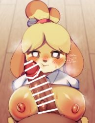 animal_crossing anthro better_version_at_source big_penis blush bodily_fluids canid canine canis censored domestic_dog duo female genitals hi_res isabelle_(animal_crossing) looking_at_viewer male male/female mammal nintendo penis penis_on_face pomi_ecec shih_tzu sweat toy_dog watermark