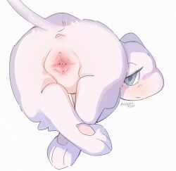 anus blush cervix clitoris female feral generation_1_pokemon genitals hinemy_kon legendary_pokemon looking_at_viewer looking_back mew mew_(pokemon) nintendo paws pokemon pokemon_(species) presenting pussy raised_tail rear_view solo spread_pussy spreading tail