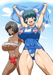 2girls arms_up beyblade beyblade_metal_fusion black_hair blue_hair blush breasts brown_eyes crotchless_swimsuit dark-skinned_female dark_skin double_bun female hand_on_hip hokuto_(pixiv) huge_breasts human large_breasts looking_at_viewer mei_mei_(beyblade) metal_fight_beyblade multiple_girls nippleless_clothing nipples one-piece_swimsuit open_mouth purple_eyes pussy sarashi selen_garcia smile swimsuit thighs toned towel