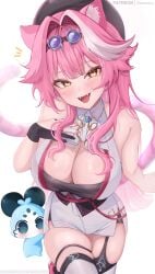 chattino_(raora_panthera) fan_mascot_(vtuber) goggles goggles_on_head hololive hololive_english hololive_english_-justice- kemonomimi panther_girl pink_hair raora_panthera virtual_youtuber yellow_eyes