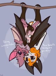 after_sex after_vaginal after_vaginal_penetration afterglow anatomically_correct anatomically_correct_genitalia anatomically_correct_penis animal_genitalia animal_penis anthro balls bat bat_ears bat_wings big_balls blep blush blush_lines bodily_fluids branch brown_eyes calcar chiropteran_penis claws clitoris cuddling cum cum_drip cum_in_pussy cum_inside cum_on_face cum_on_penis cum_on_tongue cute_fangs dialogue dripping duo english_text eye_contact face_lick female fruit_slice_(yurusa) fur genital_fluids genitals hanging_from_branch happy happy_sex heart_nose heart_symbol hi_res hug hugging_another hugging_from_behind intimate jack_desmodus leaking_cum licking licking_another licking_cum licking_partner lifting looking_at_another male male/female mammal membrane_(anatomy) membranous_wings multicolored_body multicolored_fur neck_tuft nude orange_body orange_fur patagium paws penis pink_body pink_fur pull_out purple_eyes semi-anthro sex simple_background smiling_at_partner text toe_claws tongue tongue_out tragus tuft upside-down white_body white_fur wing_embrace wings yurusa