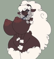 big_breasts bovid breasts caprine cowbell dark_body dark_skin ewe female generation_8_pokemon grey_background hair hi_res imric1251 mammal nintendo nude pokemon pokemon_(species) sheep simple_background solo white_hair wooloo