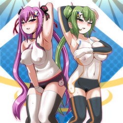 2girls beatmania beatmania_iidx bodypaint false_clothes female green_hair kitami_erika mizushiro_celica multiple_girls nude painted_clothes purple_hair ui_(fuugetsuin)