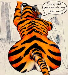 anthro appliance ass bent_over big_butt dialogue english_text felid fridge hi_res incest_(lore) kitchen_appliance looking_at_viewer looking_back male mammal pantherine presenting presenting_hindquarters solo speech_bubble stripes tail text tiger traditional_media_(artwork) u4e