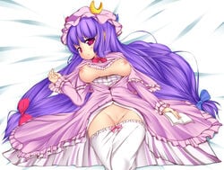 bloomers_(victorian) bloomers_pull blush book bottomless breasts breasts_out dress hat highres long_hair lying nipples no_bra noumin open_clothes patchouli_knowledge purple_eyes purple_hair pussy touhou uncensored very_long_hair