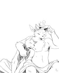 ^69 afterglow anthro bandana black_and_white blanket canine closed_eyes couple fox fur furry half-dressed leaning male_only midriff monochrome navel nipples sitting sweat