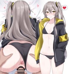 1boy 404_logo_(girls'_frontline) anus armband ass ass_grab ass_visible_through_thighs bar_censor bikini bikini_bottom_aside bikini_under_clothes black_bikini blush censored clothing_aside doggy_style female girls'_frontline grey_hair heart highres ibuki_grunt jacket long_hair looking_at_viewer navel one_side_up penis scar scar_across_eye scar_on_face sex sex_from_behind smile spoken_heart straight sweat swimsuit ump45_(girls'_frontline) vaginal_penetration yellow_armband yellow_eyes