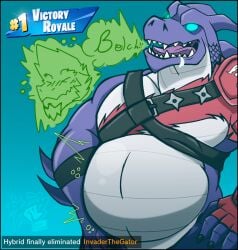 alligator alligatorid anthro anthro_only anthro_pred belly big_belly bodily_fluids burping claws clothed clothing croc crocodile crocodilian crocodylid digestion digital_media_(artwork) dragon duo english_text epic_games fatal_vore fortnite gator_(streamer) green_body hair hi_res horn hybrid_(fortnite) hydrodagatr invader_(invaderthegator) invaderthegator lizard male male/male muscular mythological_creature mythological_scalie mythology onomatopoeia open_mouth oral_vore organs overweight purple_body reptile rumbling_stomach scalie simple_background size_difference smile sound_effects stomach stomach_acid teeth text tongue vore