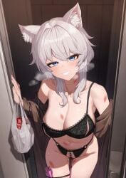 absurdres animal_ear_fluff animal_ears bag bare_shoulders bite_mark black_bra black_panties blue_eyes blush bra breasts breath brown_coat cat_ears cleavage coat collarbone commentary condom condom_box condom_wrapper crotchless crotchless_panties daydream_(zhdkffk21) doorway female grey_hair grin hair_between_eyes heavy_breathing hickey highres holding holding_bag lace_trim large_breasts lingerie lipstick_mark long_hair looking_at_viewer navel o-ring off_shoulder open_clothes open_coat open_door original panties pearl_thong pov_doorway pussy_juice sex_toy sidelocks smile solo standing stomach sweat symbol-only_commentary teeth thigh_strap underwear vaginal_penetration vibrator vibrator_cord vibrator_in_thigh_strap white_hair