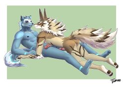 anthro ass black_sclera blue_body blue_fur blush chuurow cuddling duo erection fur genitals grey_body grey_fur hi_res lifewonders male male/male nude pawpads penis seth_(tas) striped_body striped_fur stripes tokyo_afterschool_summoners