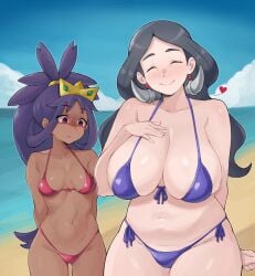 2girls artsheops breast_envy breast_size_difference breasts chocolate_and_vanilla dark-skinned_female dark_skin drasna_(pokemon) female female_only height_difference hi_res huge_breasts human iris_(pokemon) light-skinned_female light_skin long_hair mature_female milf multiple_girls nintendo outdoors pokemon pokemon_bw2 pokemon_xy purple_hair red_eyes